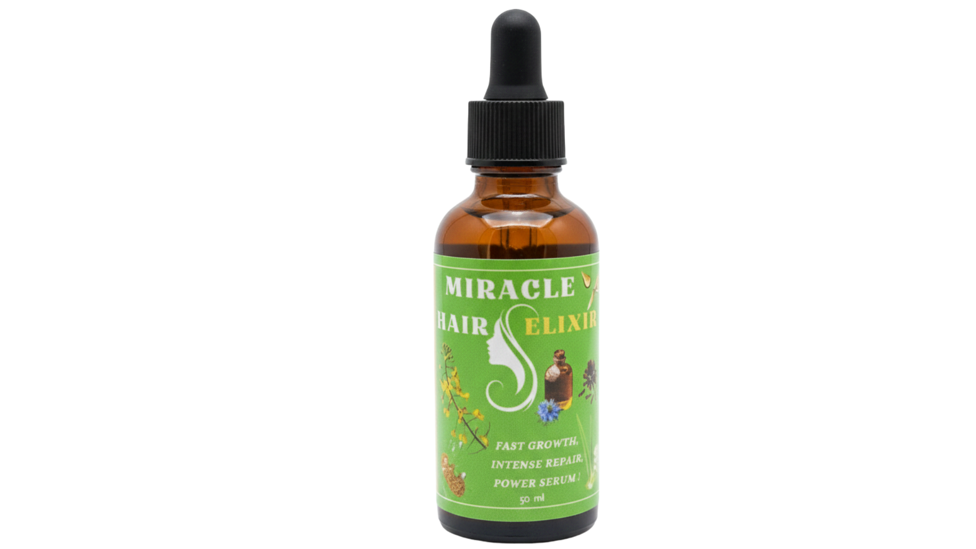 Bottle of 'Miracle Hair Elixir' on a white background