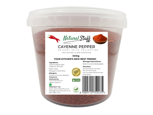 Container of cayenne pepper with 'Natural Stuff' label on a white background