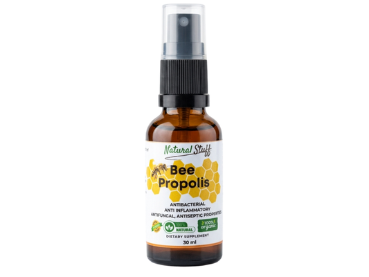 Bottle of Natural Stuff Bee Propolis spray on a white background