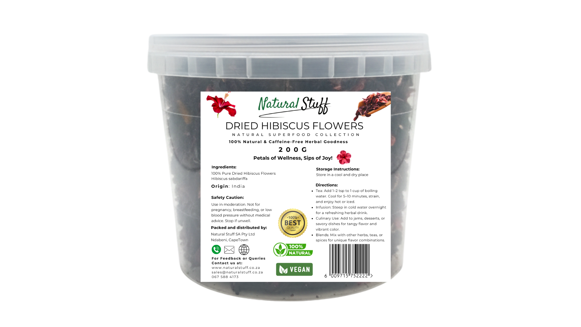 Container of dried hibiscus flowers with a label on a white background