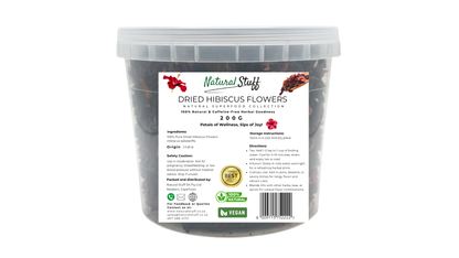 Container of dried hibiscus flowers with a label on a white background