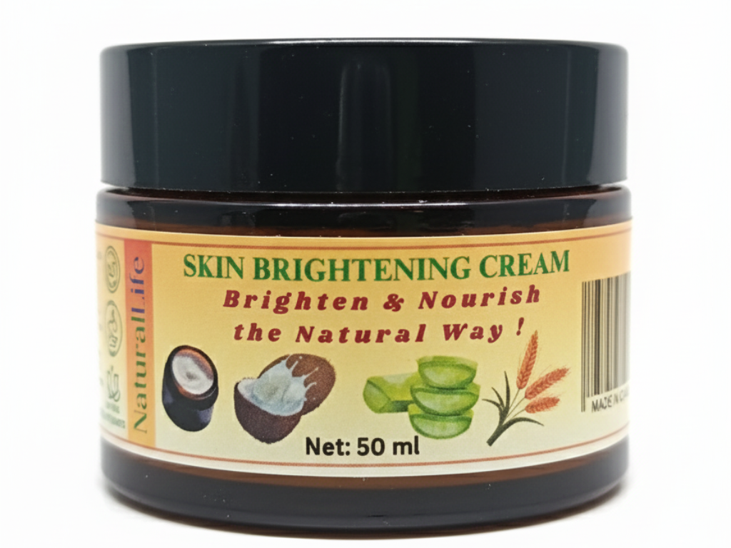 Jar of skin brightening cream with a black lid on a white background