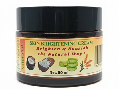 Jar of skin brightening cream with a black lid on a white background