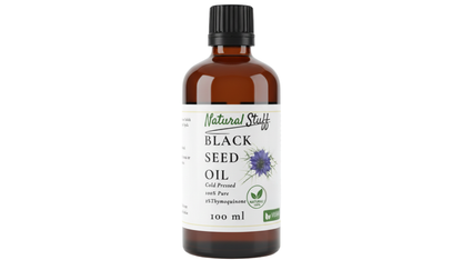 Bottle of Natural Stuff Black Seed Oil on a white background