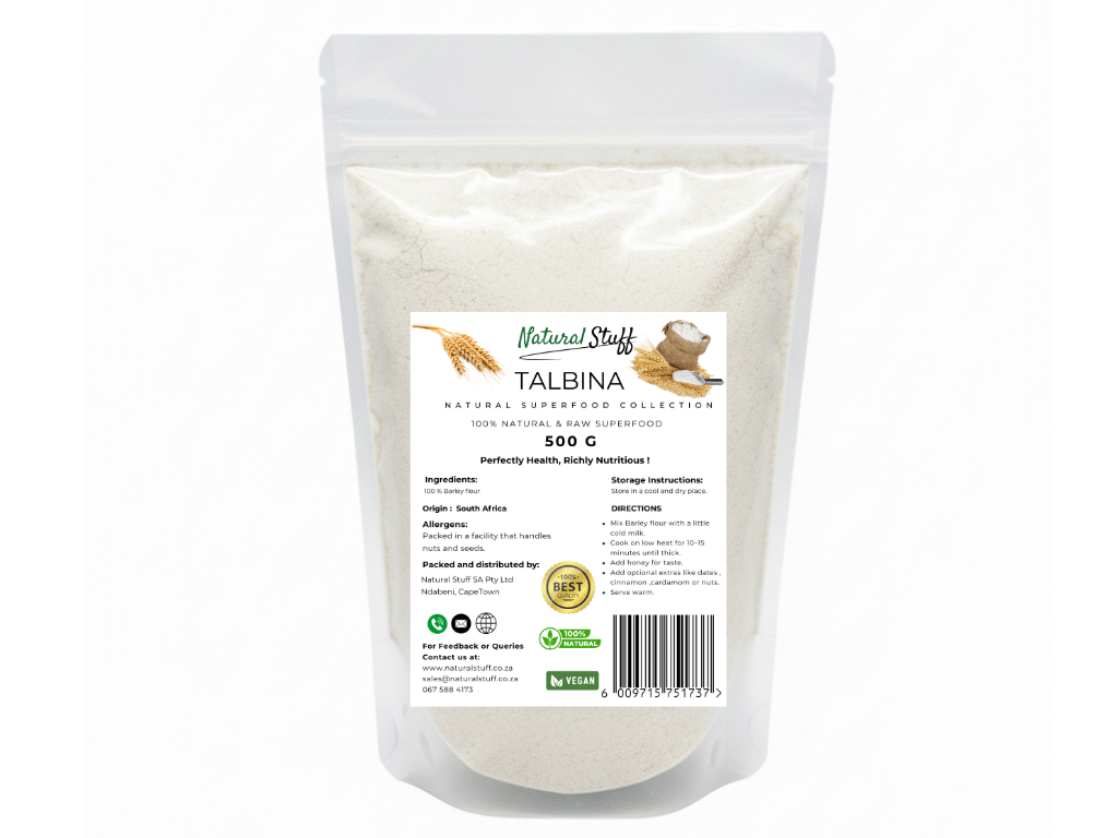 Package of Talbina powder with a label on a white background