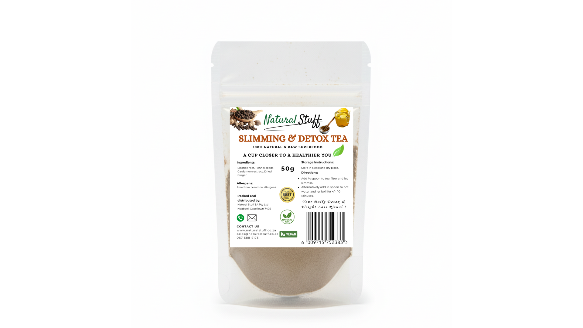 Package of 'Natural Stuff' slimming and detox tea on a white background