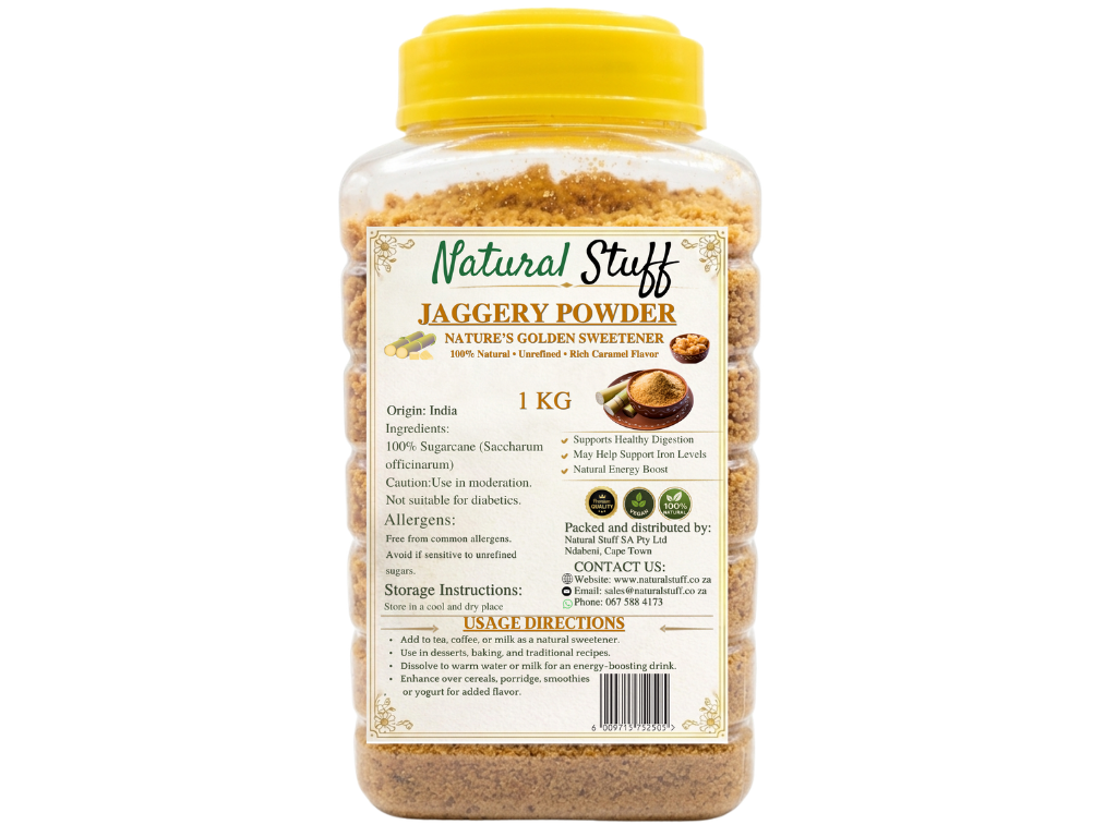 Jar of Natural Stuff Jaggery Powder with a yellow lid on a white background