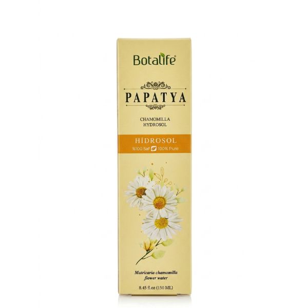 Botalife Papatyra Chamomilla Hydrocol liquid, in a beige rectangular box with chamomilla flower illustrations and an orange accent band.