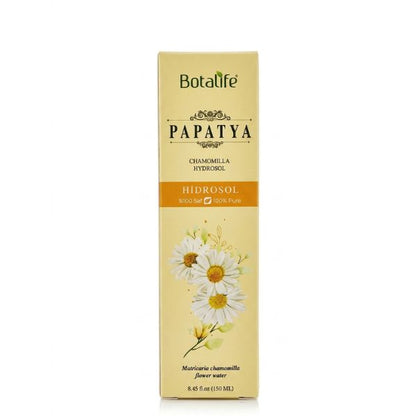 Botalife Papatyra Chamomilla Hydrocol liquid, in a beige rectangular box with chamomilla flower illustrations and an orange accent band.