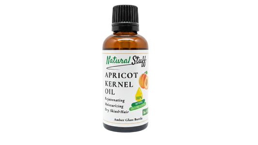 Bottle of Natural Stuff Apricot Kernel Oil on a white background