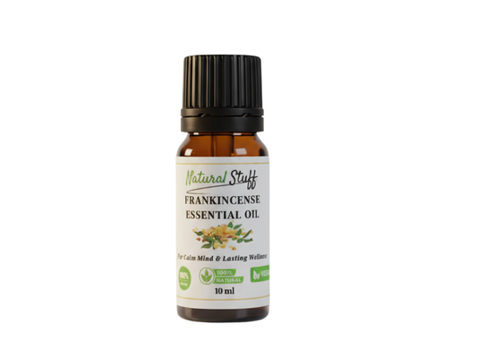 Bottle of Frankincense Essential Oil with 'Natural Stuff' label on a white background