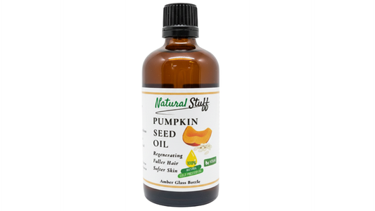 Bottle of Natural Stuff Pumpkin Seed Oil on a white background
