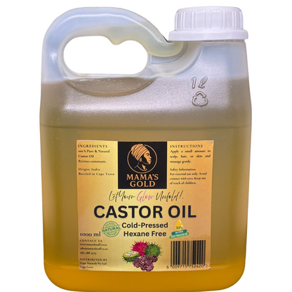Mama's Gold castor oil container with label on a white background