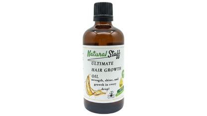 Bottle of Natural Stuff Ultimate Hair Growth Oil on a white background