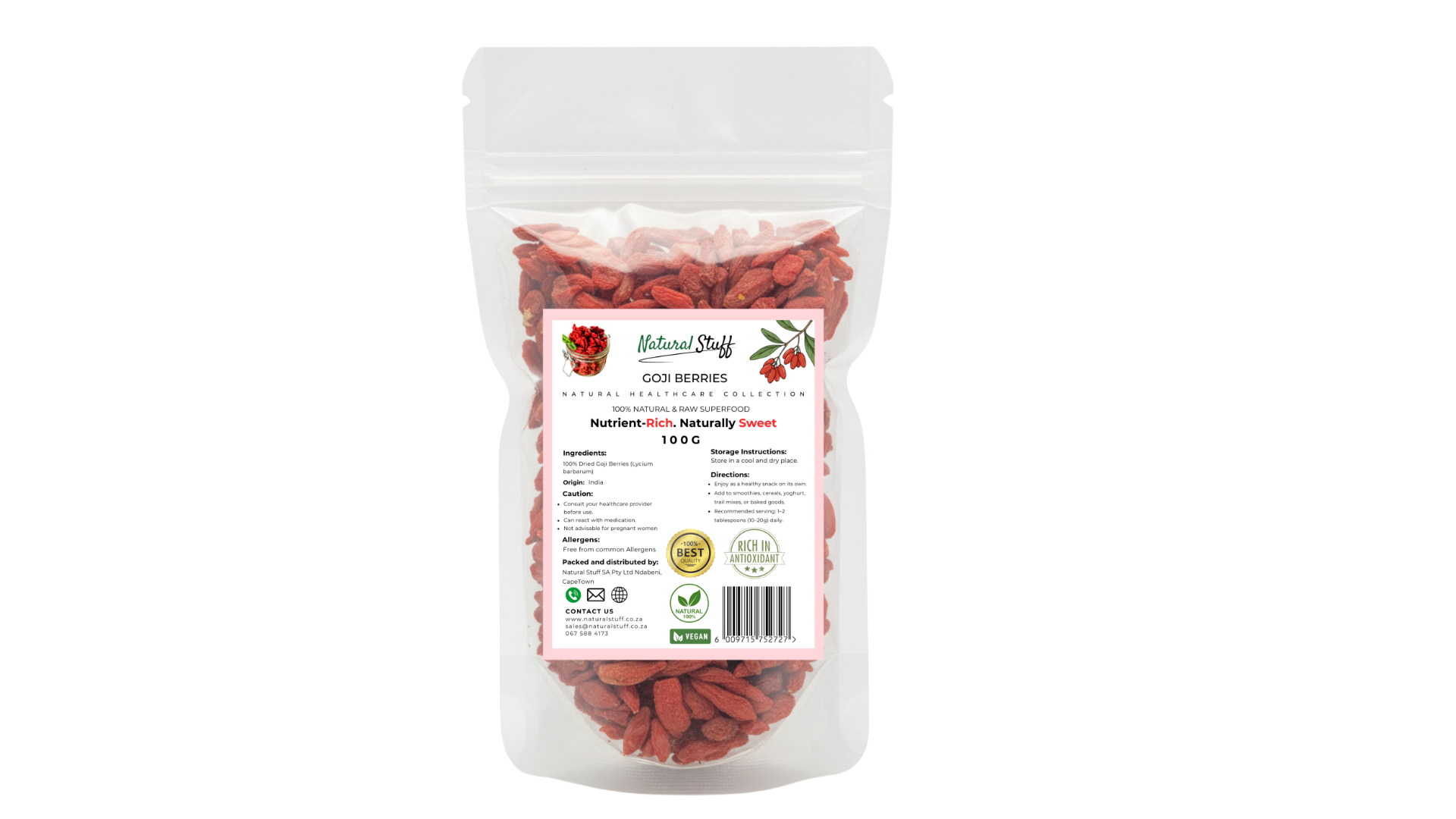 Bag of goji berries with a visible brand label on a white background