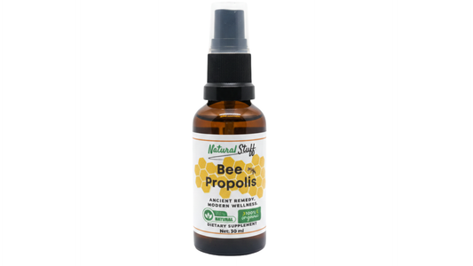 Bottle of Bee Propolis spray with a white label on a white background