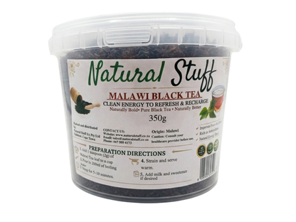 Container of Malawi Black Tea with 'Natural Stuff' branding on a white background