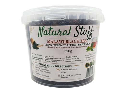 Container of Malawi Black Tea with 'Natural Stuff' branding on a white background