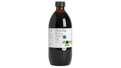Bottle of Natural Shift Black Seed Oil on a white background