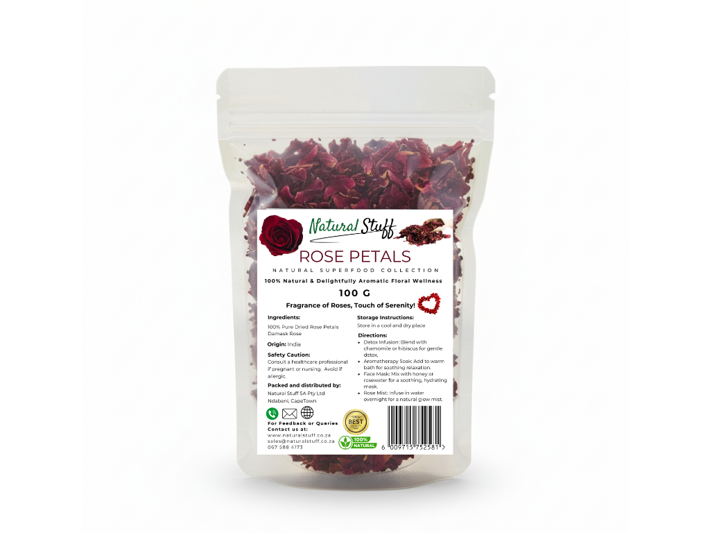 Bag of rose petals with a label on a white background