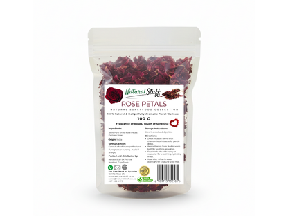 Bag of rose petals with a label on a white background
