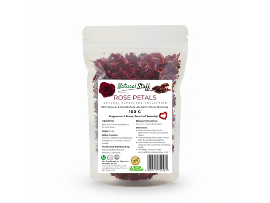 Bag of rose petals with a label on a white background