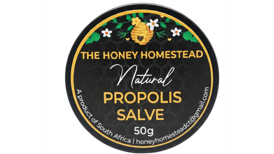 Propolis salve container with 'The Honey Homestead' branding on a white background