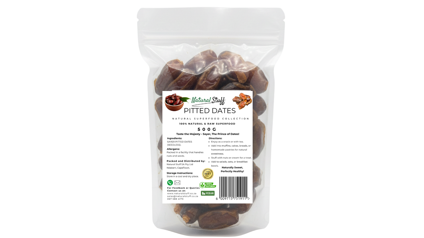 Bag of pitted dates with a visible label on a white background
