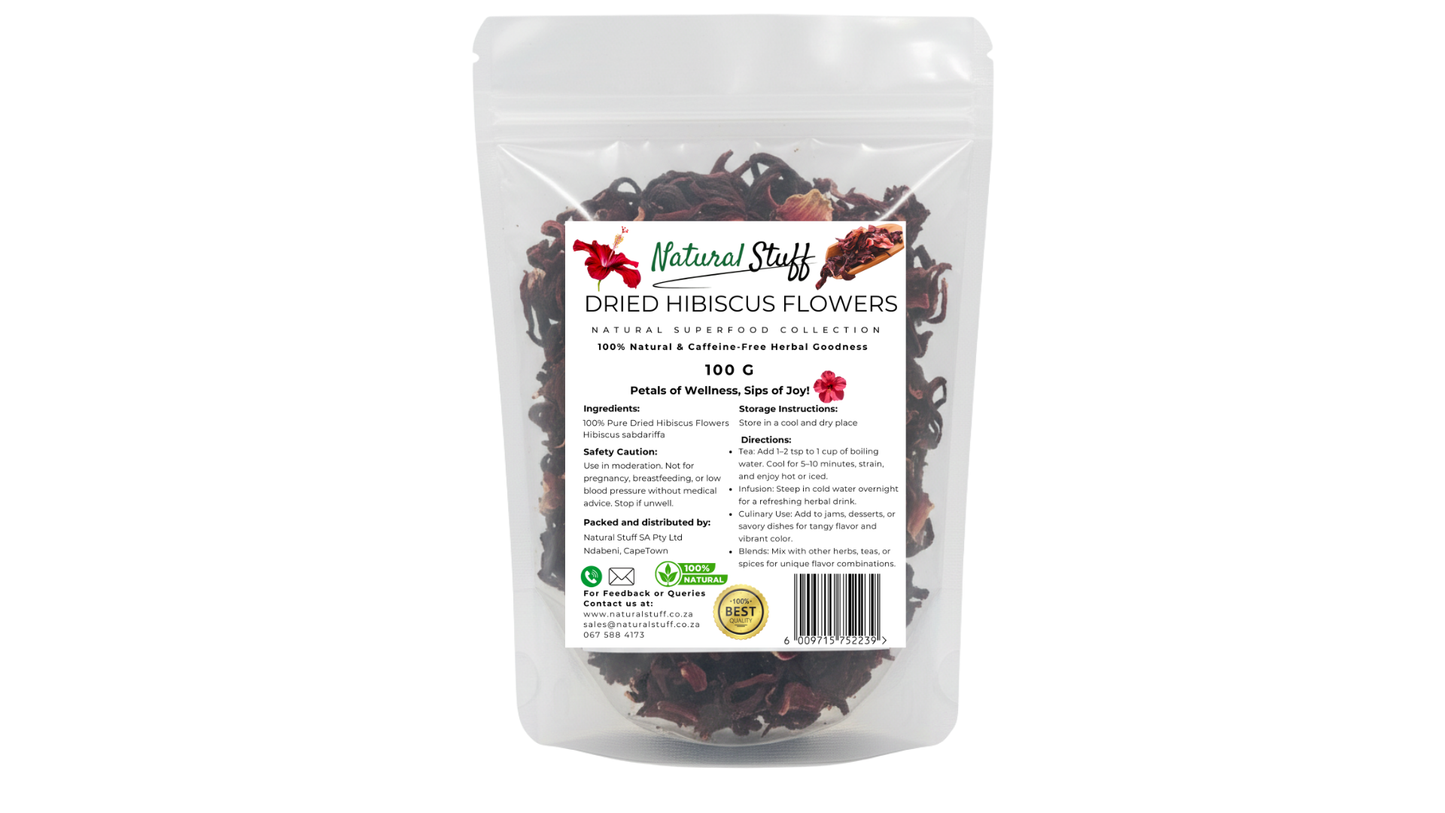 Bag of dried hibiscus flowers with a label on a white background