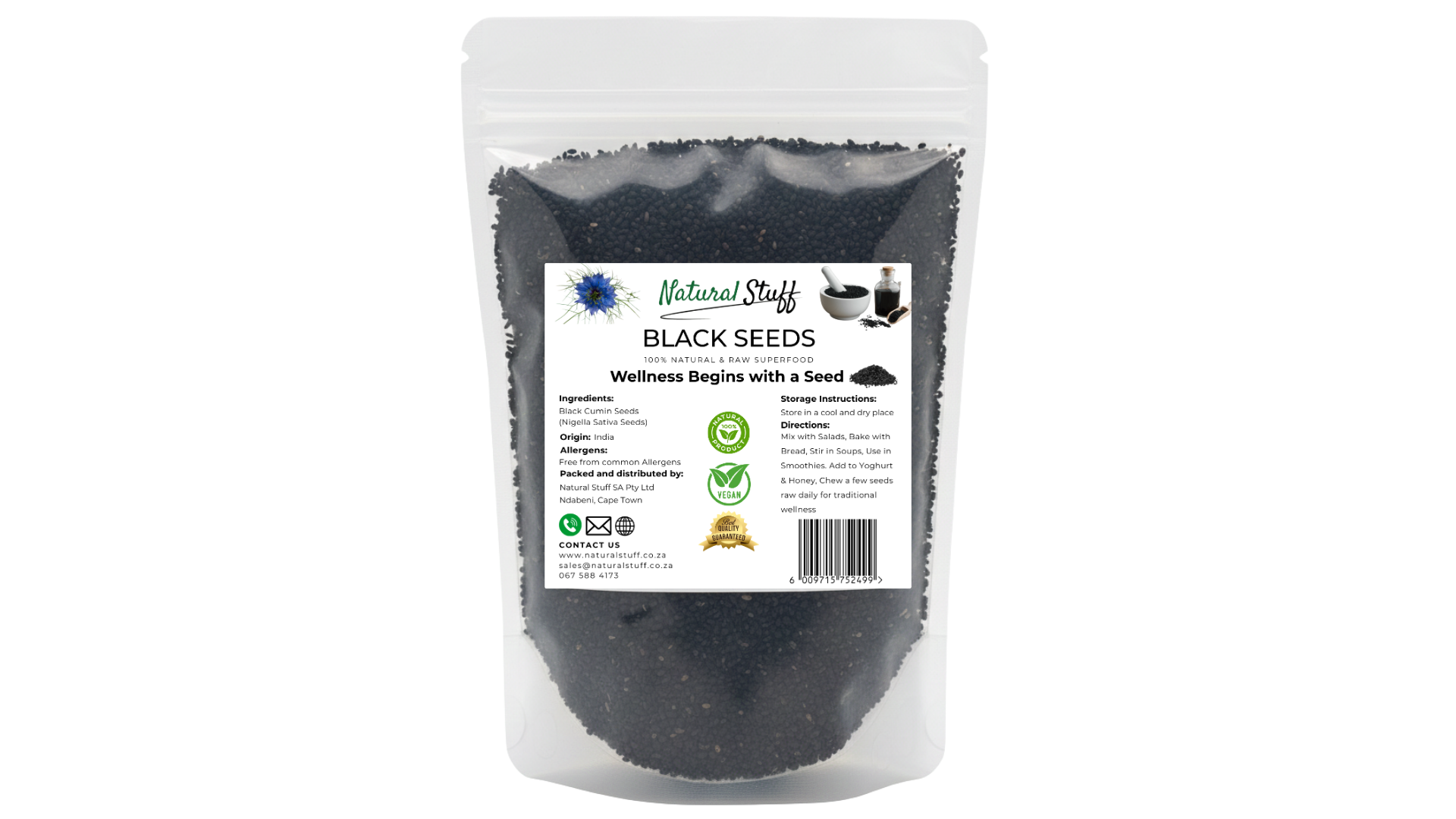 Bag of black seeds with a label on a white background