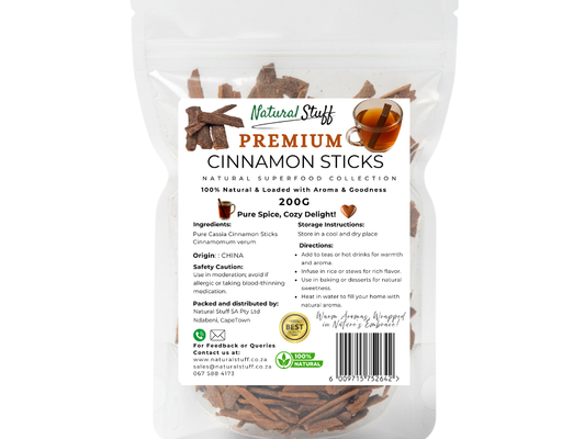 Bag of cinnamon sticks with a label on a white background