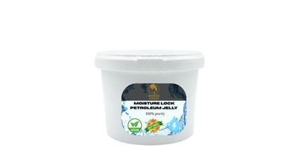 White container of Moisture Lock Petroleum Jelly with a label on a white background