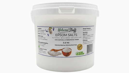 White container of Epsom salts with a label on a white background