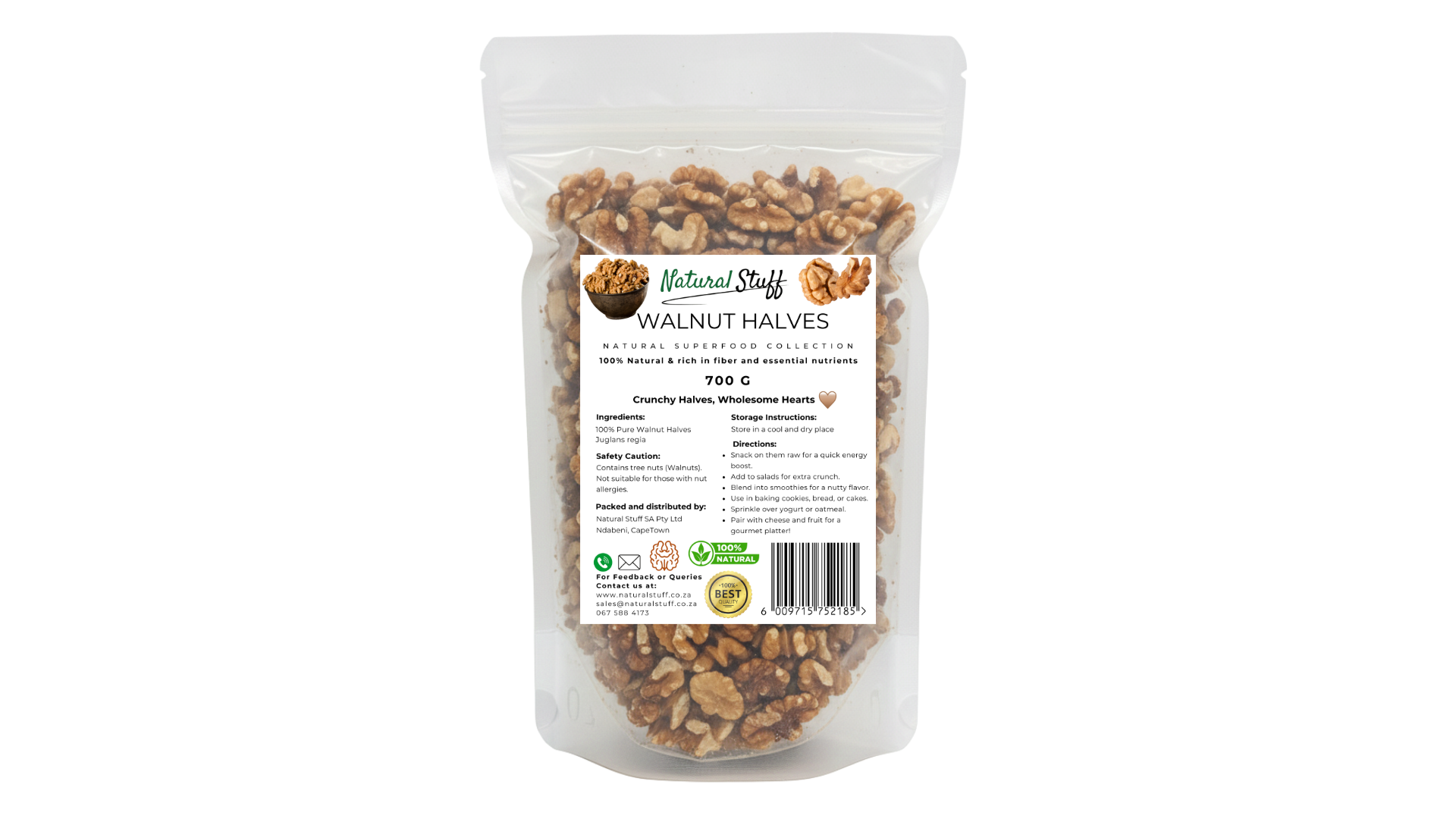 Bag of walnuts with a label on a white background