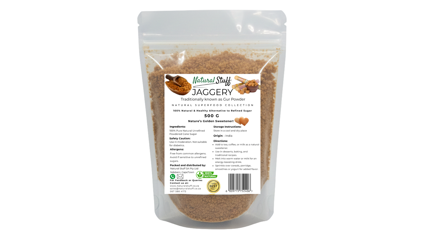 Packaged jaggery with a label on a white background