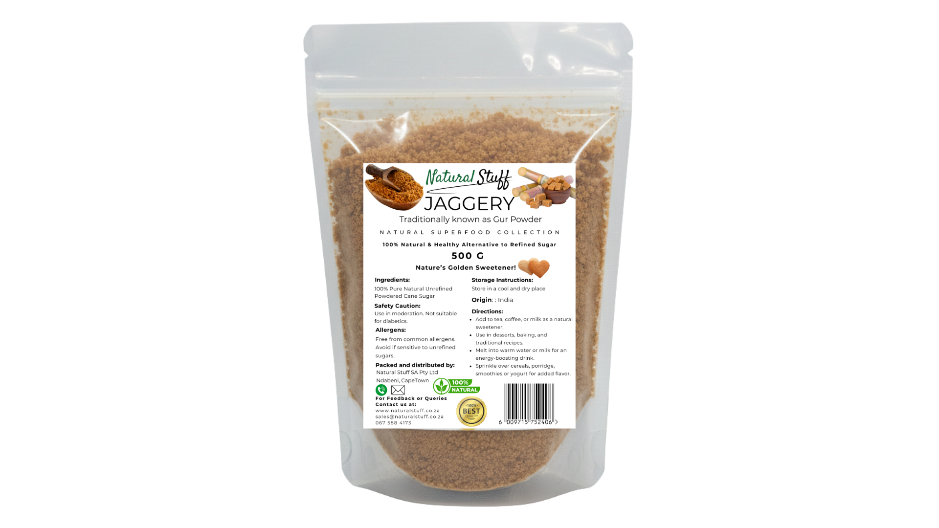 Packaged jaggery with a label on a white background