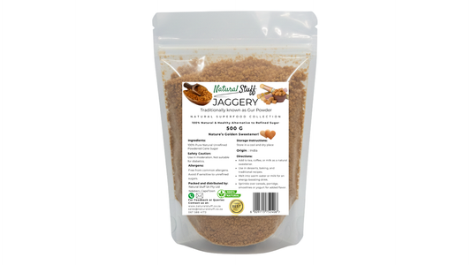 Packaged jaggery with a label on a white background