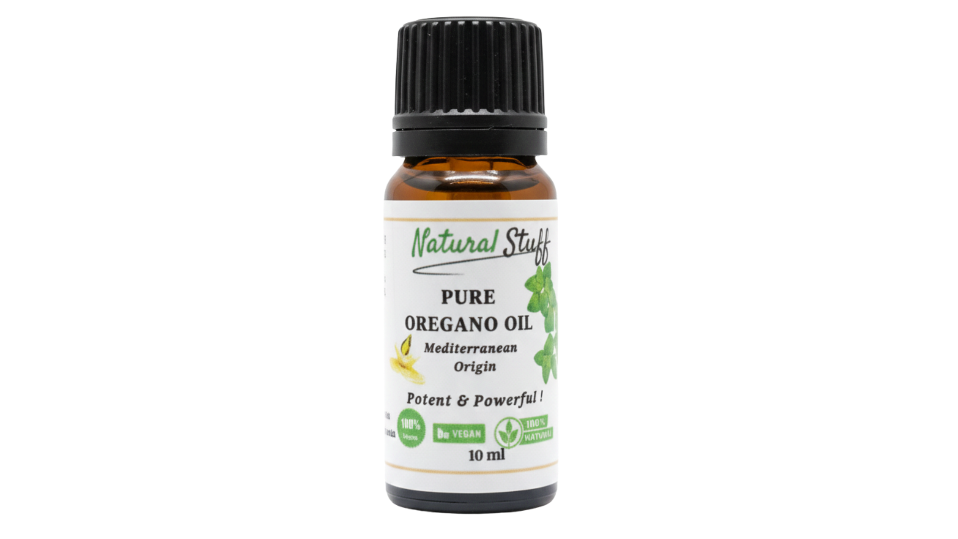 Bottle of Natural Stuff Pure Oregano Oil on a white background