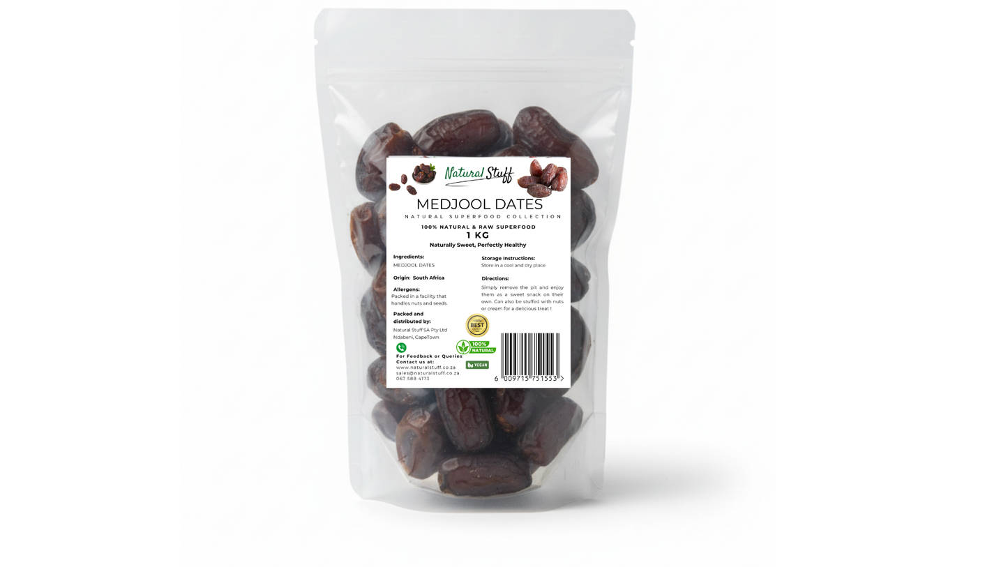 Bag of Medjool dates with a label on a white background