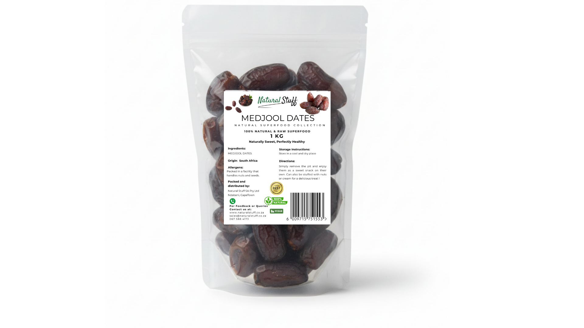 Bag of Medjool dates with a label on a white background