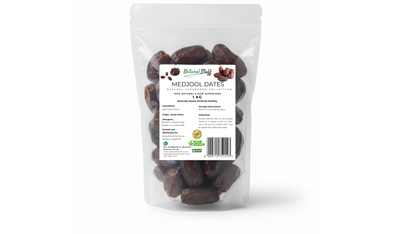 Bag of Medjool dates with a label on a white background