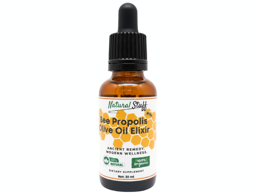 Bottle of Natural Stuff Bee Propolis Olive Oil Elixir on a white background