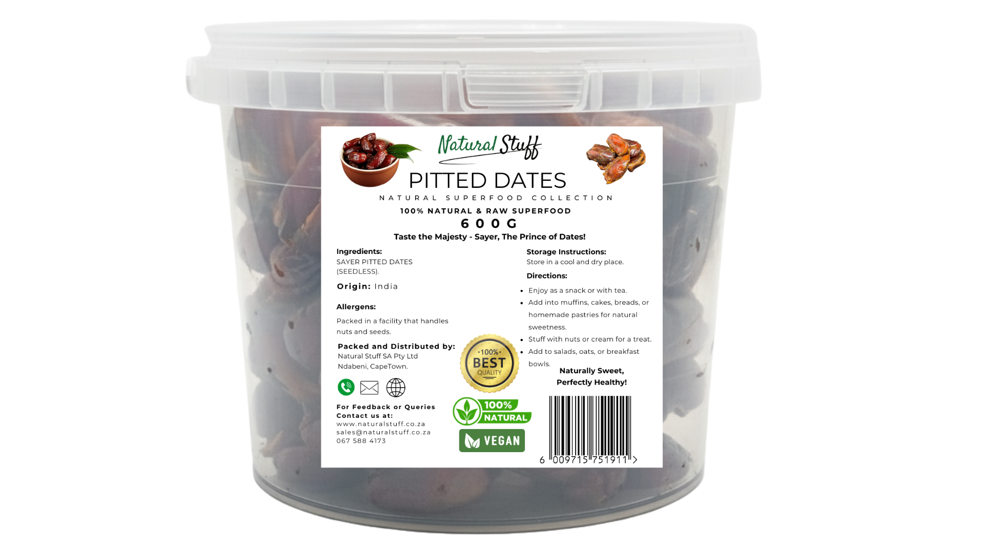 Container of pitted dates with a label on a white background