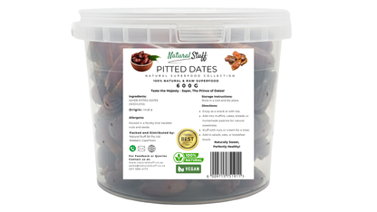 Container of pitted dates with a label on a white background