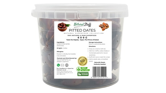 Container of pitted dates with a label on a white background