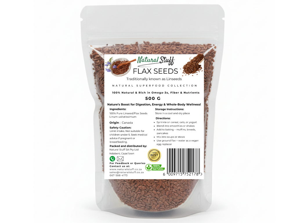 Bag of flax seeds with a label on a white background