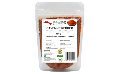 Packaging of cayenne pepper with a label on a white background
