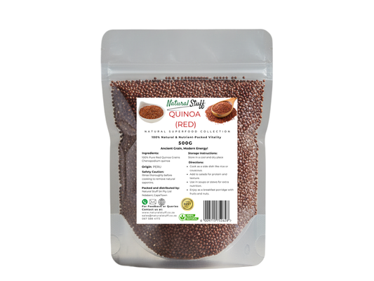 Package of red quinoa with a label on a white background
