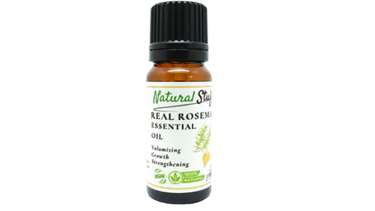 Bottle of Natural Stuffs Real Rosemary Essential Oil on a white background