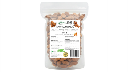 Bag of raw almonds with a label on a white background